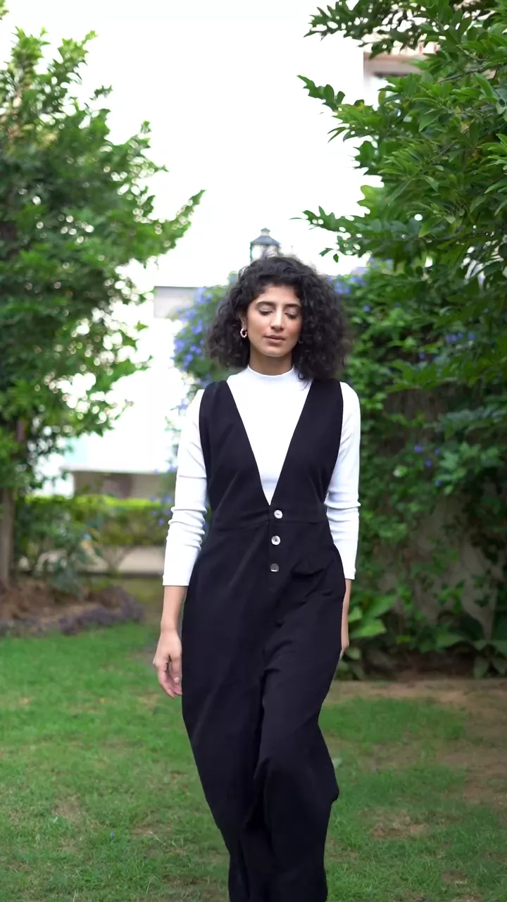 Buy Bronze Grey Warm Cotton Corduroy Deep Neck Pinafore Jumpsuit